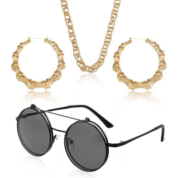 90s Accessories Set Women Men Jewelry Sunglasses Faux Gold Chain Earrings Retro main image 6